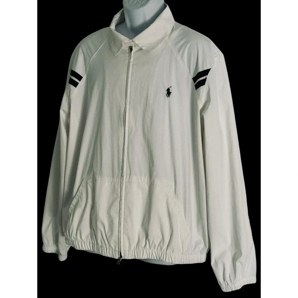 VTG 90s Polo Ralph Lauren Men Jacket XL White Black Stripe Harrington Lined Mesh